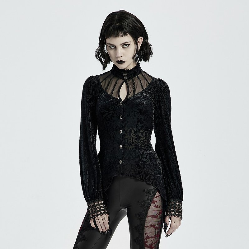 Gothic Rune Diviner flocked shirt/will be out of print soon - เสื้อเชิ้ตผู้หญิง - วัสดุอื่นๆ สีดำ