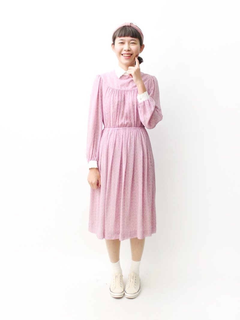 [] RE0322D1045 embroidery stitching forest department sweet pink collar long-sleeved dress spring and summer vintage - ชุดเดรส - เส้นใยสังเคราะห์ สึชมพู