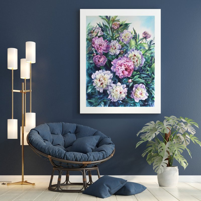 Peony wall art original watercolor painting by artist Irina Zhunaeva - 海報/掛畫/掛布 - 紙 多色