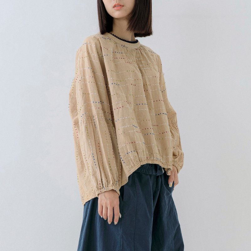 糖粒小球球領邊上衣 - 女上衣/長袖上衣 - 棉．麻 咖啡色