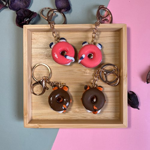 Customizable| Handmade soft clay cute donut tiger keychain