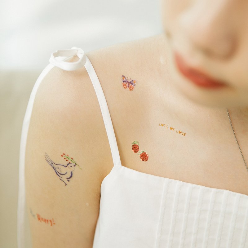 蠟いくつかの可愛小事 Be Happy -2入紋身貼紙 原創手繪設計 - タトゥーシール - 紙 ホワイト