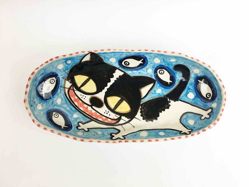 Nice Little Clay handmade six foot plate _ little fish cute cat 0305-02 - Small Plates & Saucers - Pottery Blue