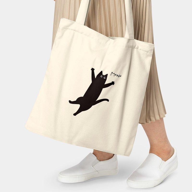 Customizable Text Black Cat Eco-Friendly Shopping Bag Canvas Tote 003 - กระเป๋าแมสเซนเจอร์ - ผ้าฝ้าย/ผ้าลินิน ขาว