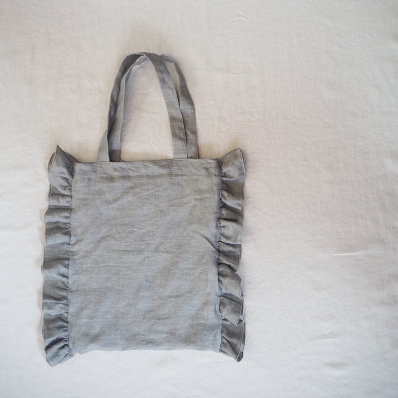 Linen frill tote bag / GRAY - กระเป๋าถือ - ผ้าฝ้าย/ผ้าลินิน สีเทา