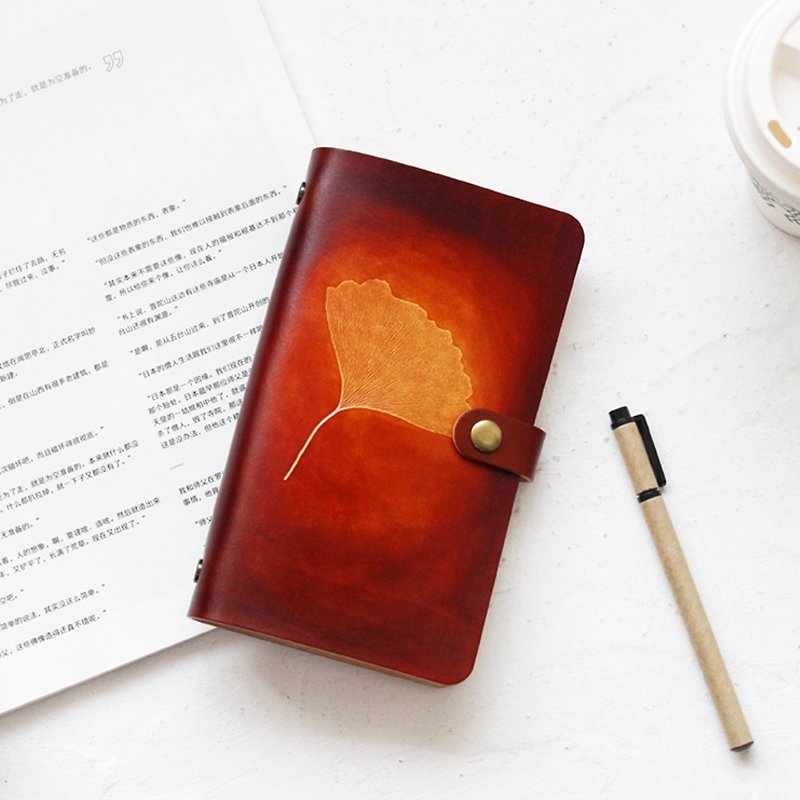 Such as the first layer of vegetable tanned leather ginkgo biloba leaves embossed red brown a6 six-hole loose-leaf notebook manual manual leather notebook Note free lettering 19*11cm birthday gift company group custom - สมุดบันทึก/สมุดปฏิทิน - หนังแท้ สีทอง