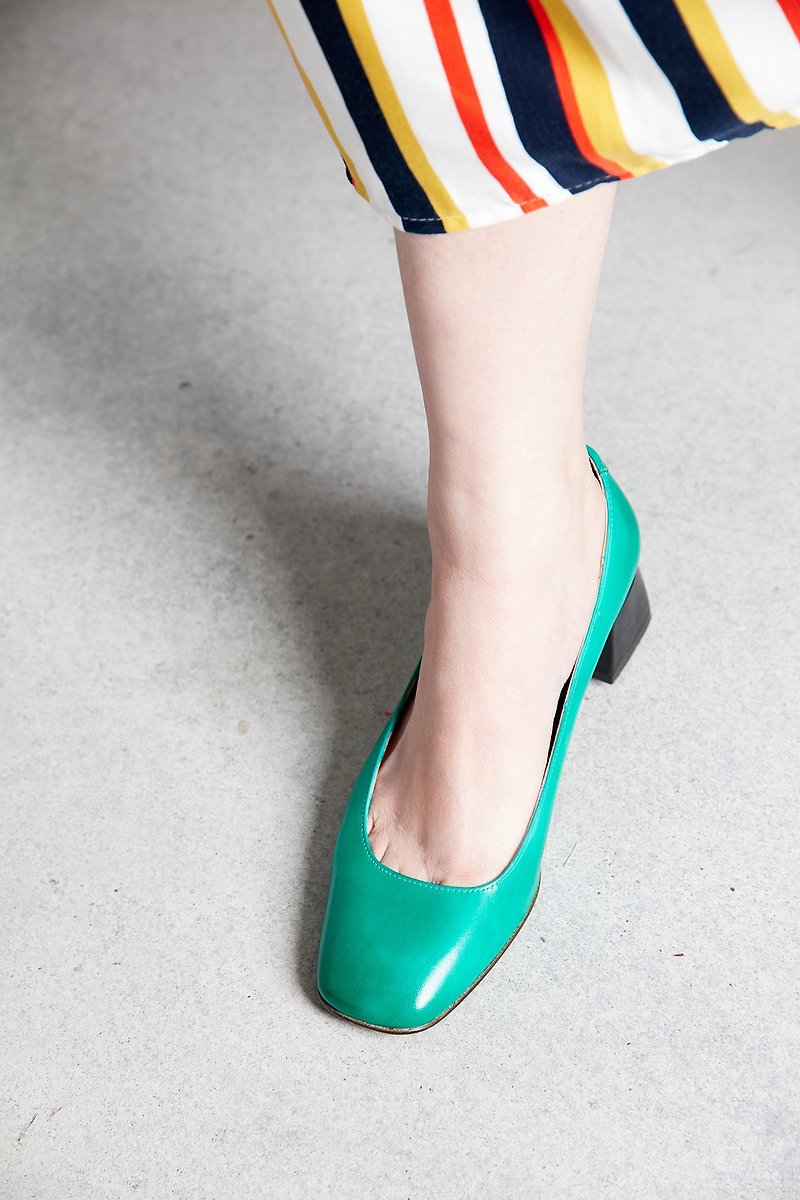 H THREE classic square heel shoes / turquoise / thick heel / retro - รองเท้าอ็อกฟอร์ดผู้หญิง - หนังแท้ สีเขียว