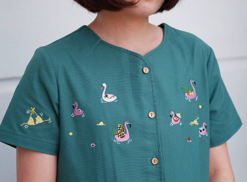 MuMu Dress (Flamingo) : Green - 連身裙 - 繡線 綠色