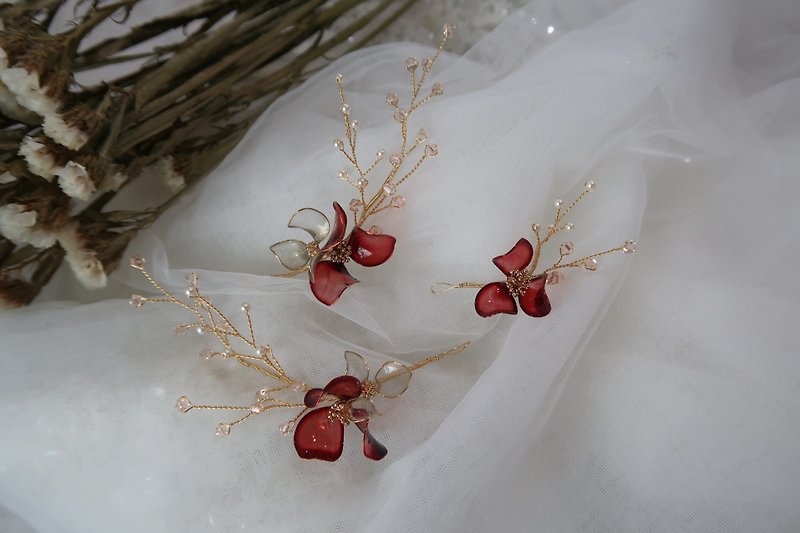 Gypsophila red - three-piece bridal headdress crystal flower jewelry - Hair Accessories - Resin Red