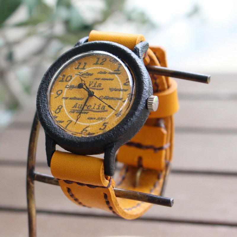 Handmade watch [Hypoallergenic to metal] Via Aurelia (Stone case Black&Brown Brown belt) - นาฬิกาผู้หญิง - ทองแดงทองเหลือง สีส้ม