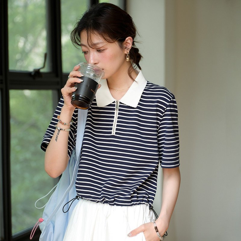 藏青條紋短袖polo衫|襯衫|T恤|夏款|Sora-1235 - 女襯衫 - 棉．麻 