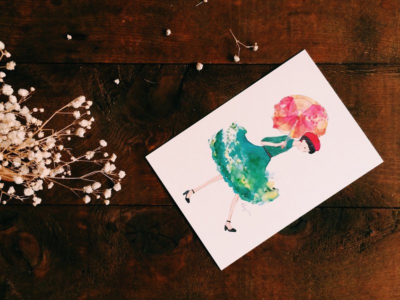 Rendering Series/Umbrella Girl Postcard - การ์ด/โปสการ์ด - กระดาษ สีเขียว