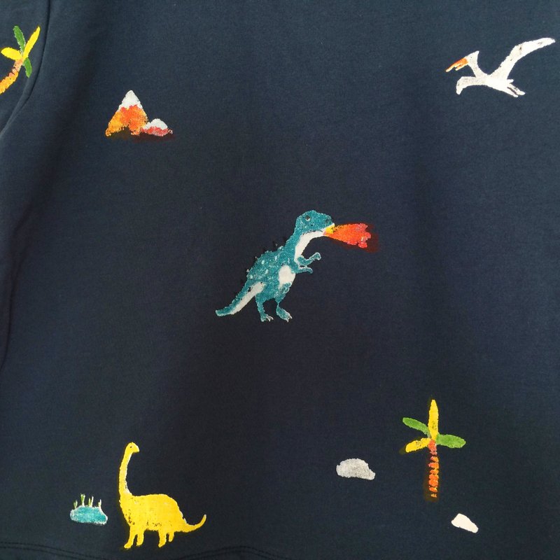 コットン・麻 Tシャツ ブルー - 恐竜 / 半袖クロップトップ Tシャツ // ネイビー-ダークブルー