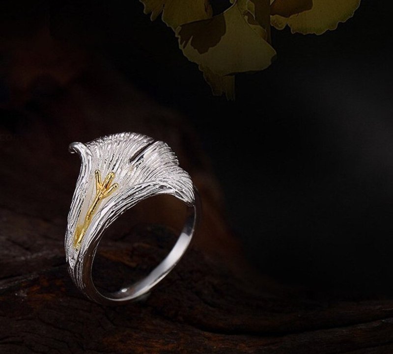 Real S999 Fine Silver Jewelry Handmade Ginkgo Biloba Leaves Women Finger Rings - 戒指 - 純銀 銀色