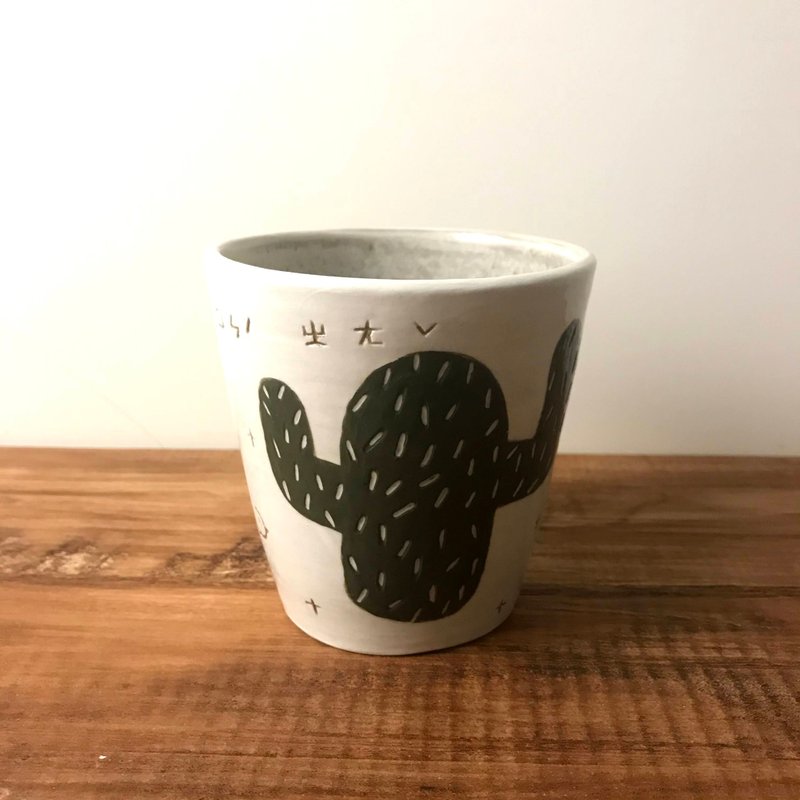 【 小丸 森林 彩繪 】 手刻線條   青鳥 小花   仙人掌 多肉  水 - 茶壺/茶杯/茶具 - 陶 綠色