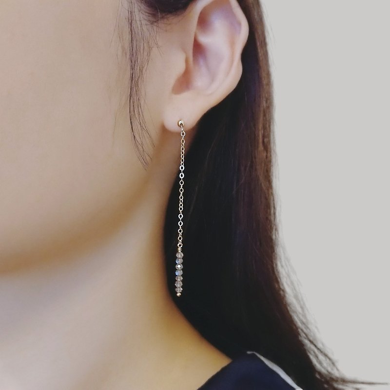 Labradorite Faceted Rondelle 14K GF Dainty Chain Dangling Earrings - Earrings & Clip-ons - Semi-Precious Stones Gray
