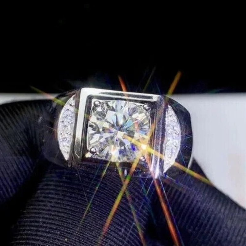 Moissanite Ring Sterling Silver 925 Handmade Ring Mens 2 Carat Premium - 戒指 - 寶石 透明