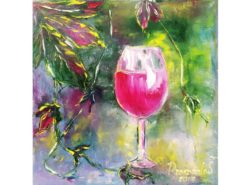 Italy Painting Glass Wine Art Original artwork Classic Still Life Small Painting - 壁貼/牆壁裝飾 - 其他材質 粉紅色