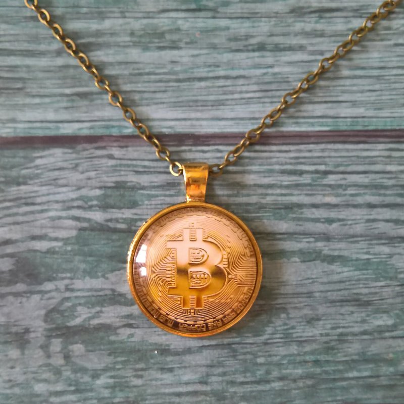 Pendant Bitcoin Necklace 25mm cabochon Crypto pendant Gift for Miner - Necklaces - Other Metals Gold