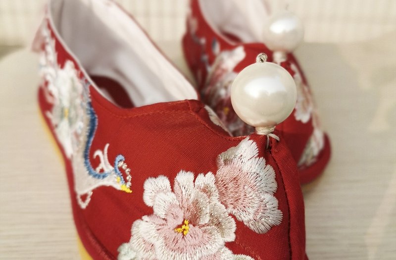 Yunxiang handmade custom red bow shoes Hanfu shoes without pearls and pompoms - อื่นๆ - วัสดุอื่นๆ สีแดง