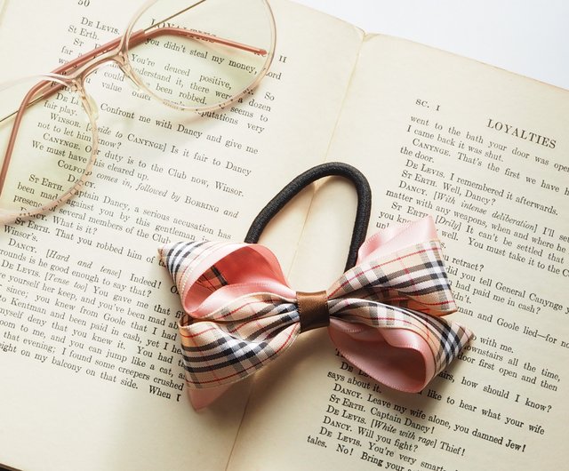 No.33リボンヘアゴム☆チェック柄☆ピンク系