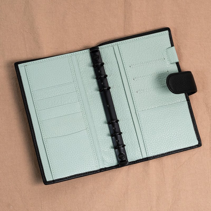 A6 Slim 6-Hole Leather Binder Pocket|Notebook|Universal Handbook- Black Mint (With Buckle) - สมุดบันทึก/สมุดปฏิทิน - หนังแท้ สีดำ