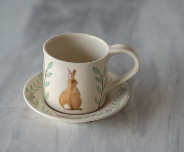 陶芸家 古賀千織 手描きの草花うさぎ コーヒーカップ＆ソーサーセット