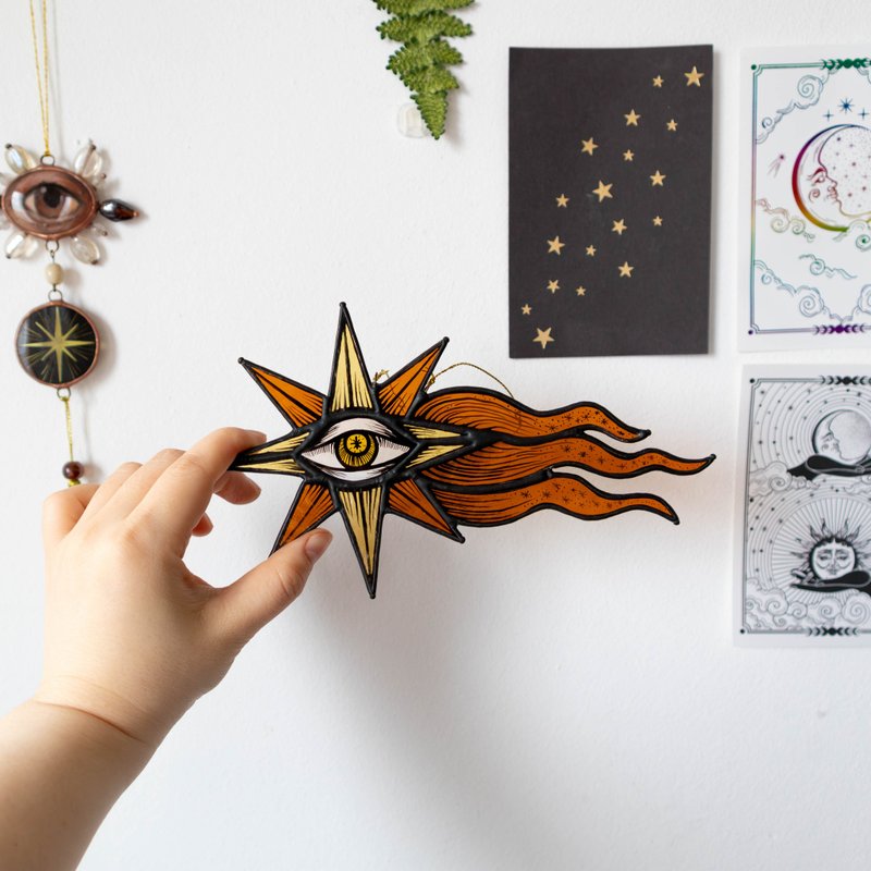 Stained glass ornament, Celestial home decor, Star Art - 壁貼/牆壁裝飾 - 玻璃 多色