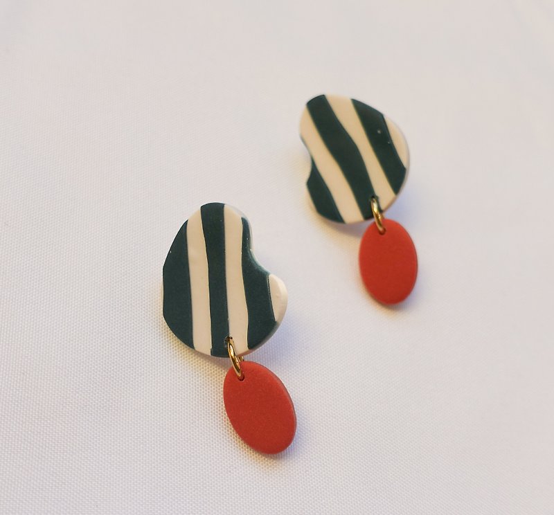 Autumn and winter color geometric stripes handmade soft clay earrings/changeable clip earring - Earrings & Clip-ons - Pottery Multicolor