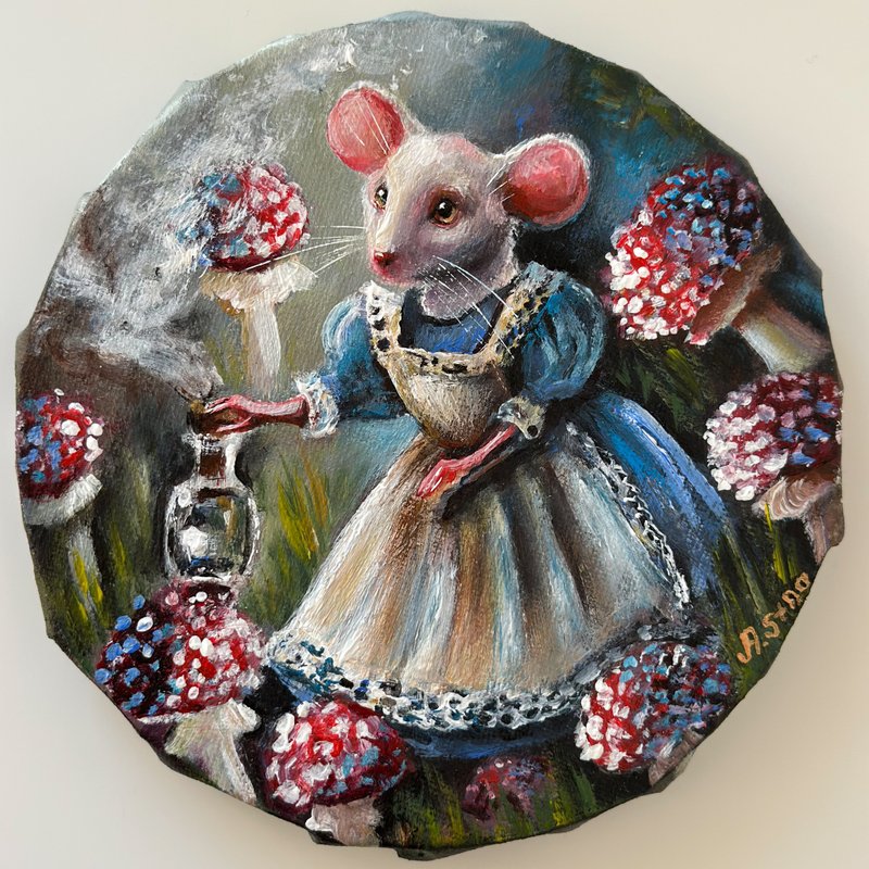 Mouse original painting, Mouse wall decor, Fairy art, Woodland animal, White rat - 壁貼/牆壁裝飾 - 棉．麻 黑色