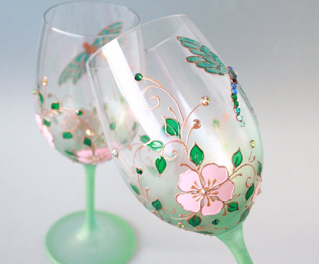 Blue Flowers Wine Glasses, Swarovski Crystals Hand-paintedsetof 2 - Shop  NeA Glass Bar Glasses & Drinkware - Pinkoi