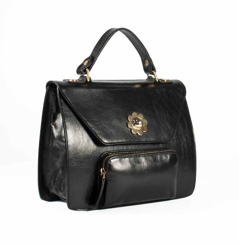 ITA BOTTEGA [Made in Italy] metal floral vintage classic British handbag - Handbags & Totes - Genuine Leather Black