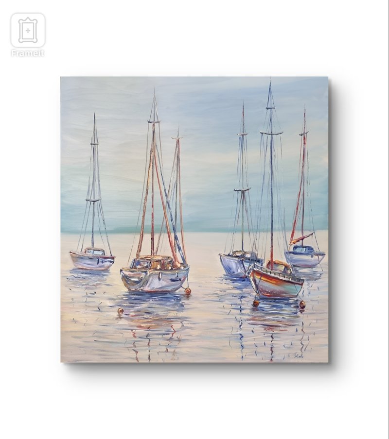 Sailboat oil painting Yahts artwork original art by Anna Antonova - 壁貼/牆壁裝飾 - 棉．麻 藍色