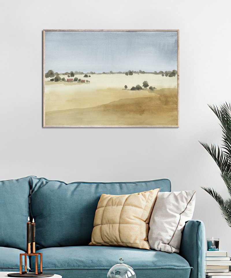 Wheat Field Art Print Farmhouse Watercolor Painting Neutral Minimalist Rustic - Posters - Paper Gold