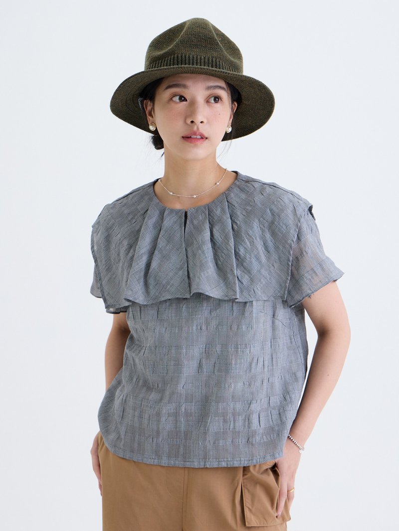 霧花方折領短袖上衣-黑灰 - 女 T 恤 - 棉．麻 灰色