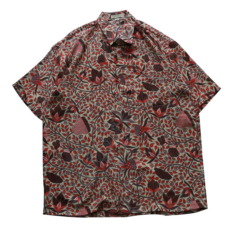 -Liangguangshi vintage-short-sleeved floral shirt with Khaki background