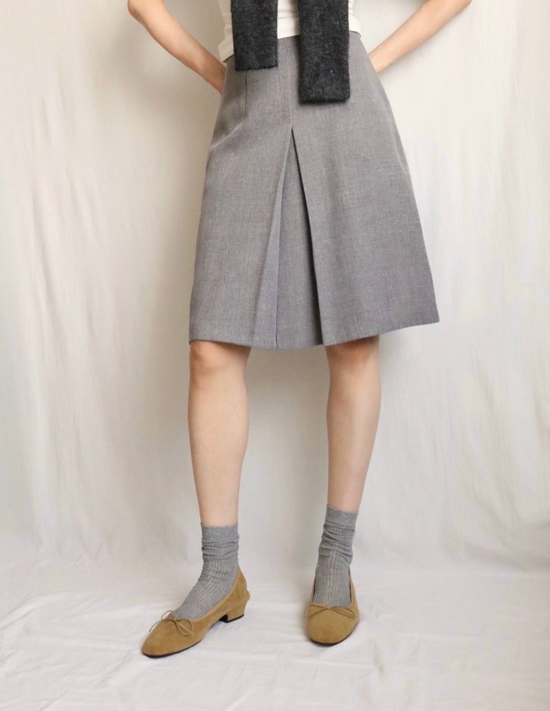古著麻灰及膝微A字箱摺裙 24-25吋腰 - 裙子/長裙 - 羊毛 灰色
