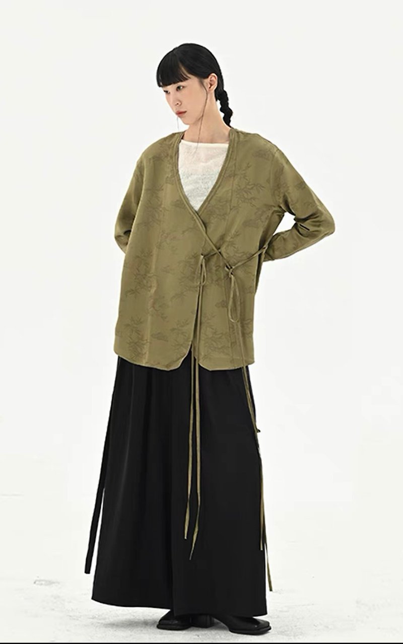 New Chinese Bamboo Leaf Jacquard Side Tie Cardigan