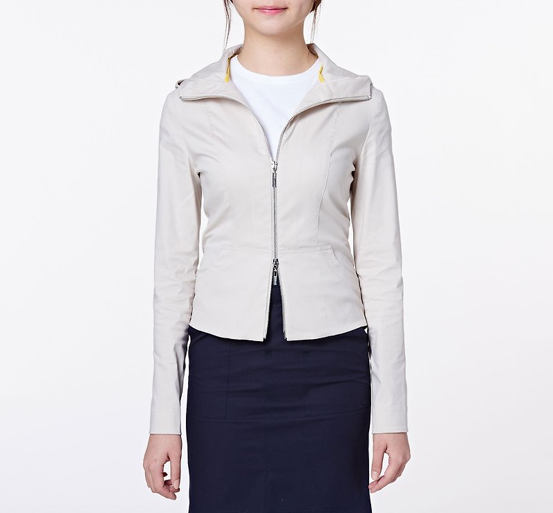 ผ้าฝ้าย/ผ้าลินิน เสื้อแจ็คเก็ต สีกากี - 【Clear product】Water-repellent Hooded Elastic Slim Jacket Women- Khaki