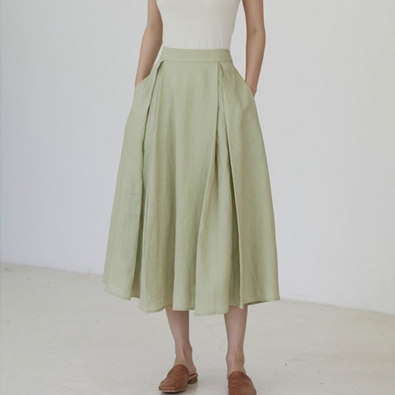 Apple green wind skirt high-quality linen summer straps pleated skirt A-line umbrella skirt - Skirts - Cotton & Hemp Green