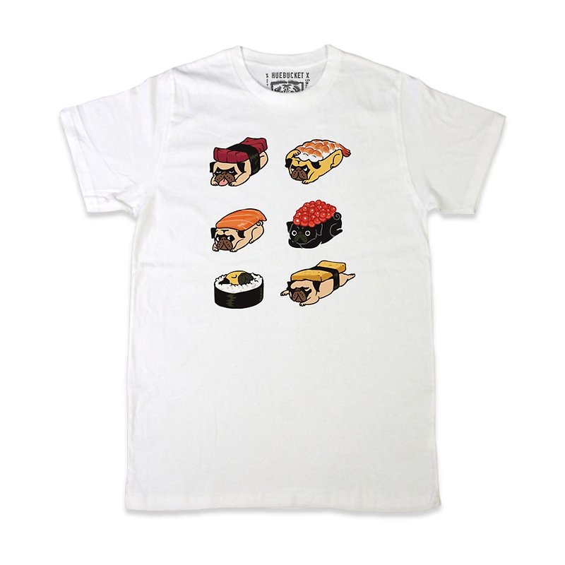 ผ้าฝ้าย/ผ้าลินิน เสื้อยืดผู้ชาย ขาว - PUG Life • Sushi PUG • Unisex T-shirt