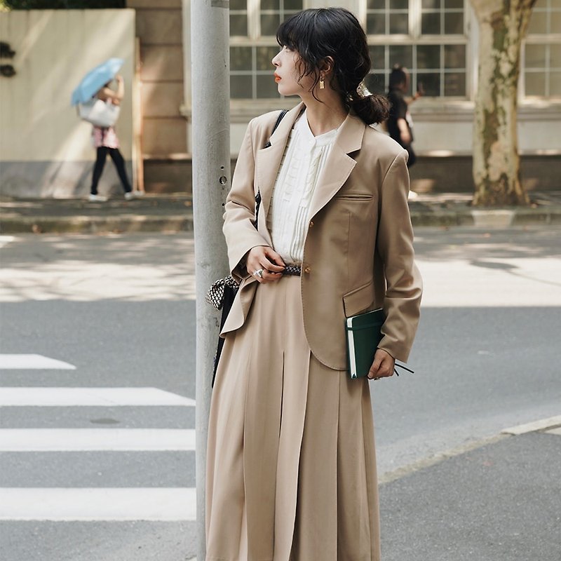 Polyester Women's Blazers & Trench Coats Khaki - Classic Khaki Shoulder Pad Suit|Jacket|Suit|Summer and Autumn|Sora-792