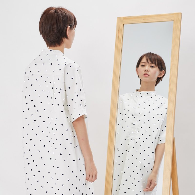 Kurta Short Sleeves Print  Midi Dress White - ワンピース - コットン・麻 ホワイト