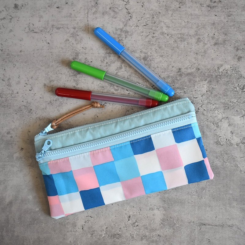 Travel waterproof double-layer pencil case/long storage bag_Grid - กล่องดินสอ/ถุงดินสอ - ไนลอน สึชมพู