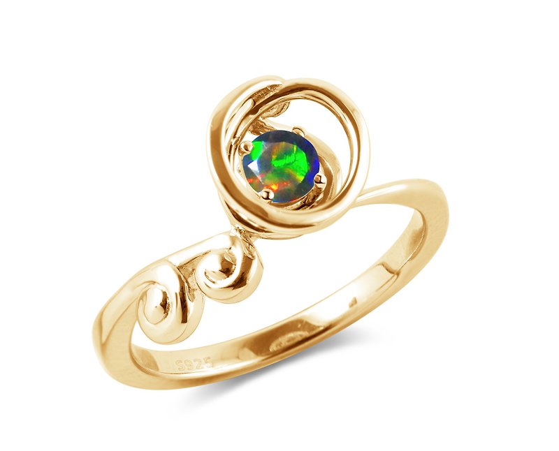 Black opal ring for women-Solitaire October birthstone ring-Circle wave silver - แหวนทั่วไป - เงินแท้ สีดำ