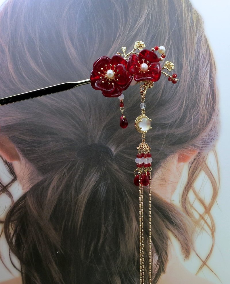 Lemon Handmade Hair Accessories Czech Siamese Red Rose Hairpin (Detachable Tasse - เครื่องประดับผม - กระจกลาย สีแดง
