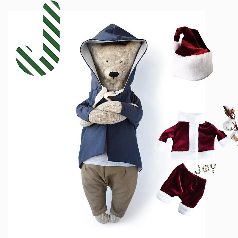 PK bears |克雷格熊40cm+耶誕衣禮盒組 - 玩偶/公仔 - 棉．麻 藍色