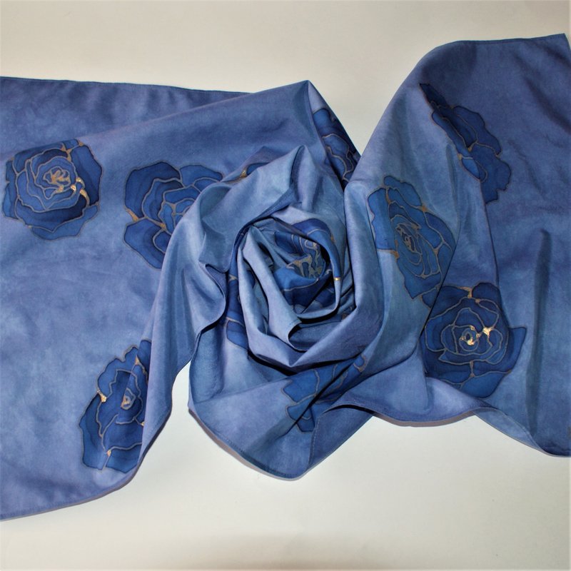 Silk cotton blend scarf Hand painted scarf Indigo blue scarf wrap Floral scarves - 絲巾 - 絲．絹 藍色