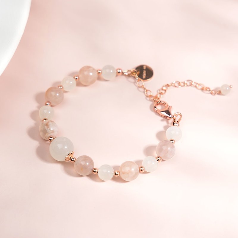 Cherry Blossom Snow Moon | Cherry Blossom Agate Moonstone 14K Rose Gold Crystal Bracelet