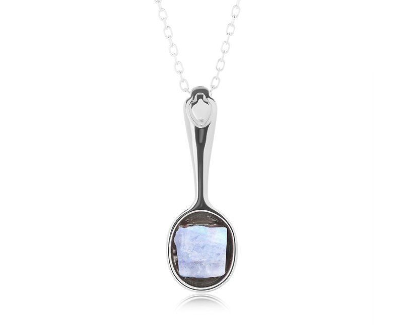 Raw moonstone 925 silver spoon necklace-June birthstone pendant-Simple rough - สร้อยคอ - เงินแท้ ขาว